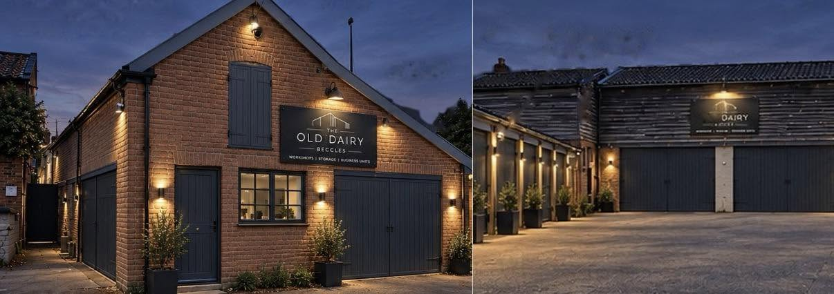 Supplied evening concept showing the brick front building and illuminated courtyard workshops