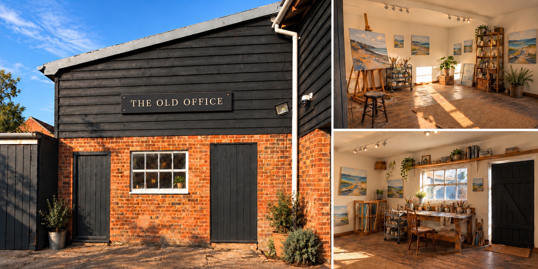 The Old Office with a small charcoal signboard, matching timber cladding and artist studio interiors