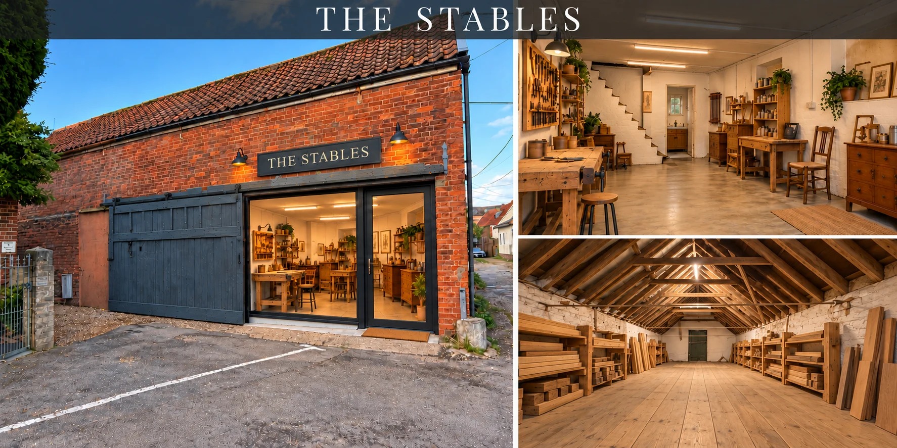 The Stables concept board showing brick exterior, workshop and upper timber store